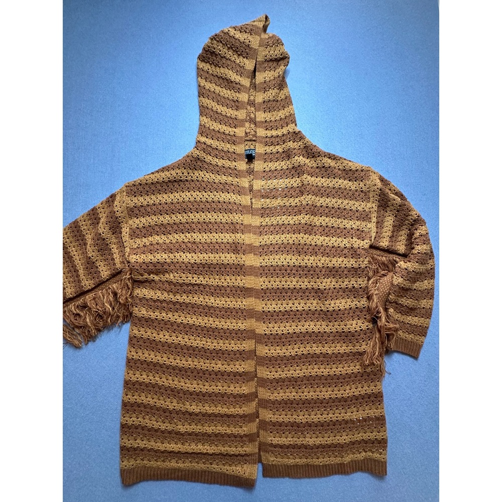 Attitudes by Renee Striped Hooded Fringe Cardigan Brown Tan Knit Size M-45